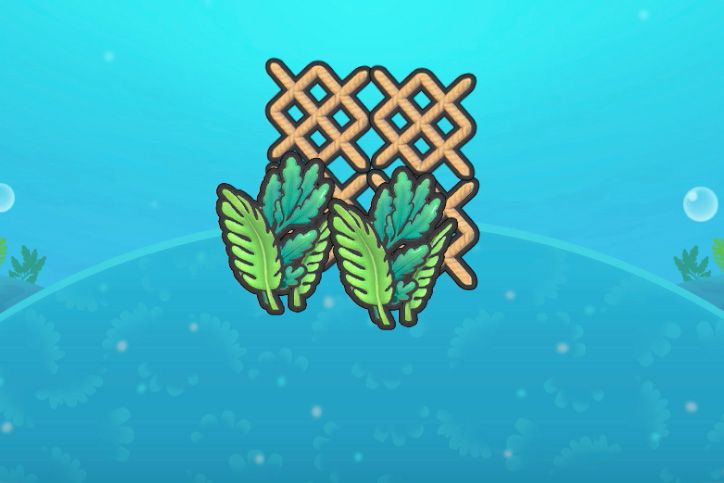 Seaweed growing in front of a brown netting that creates a fence-like structure