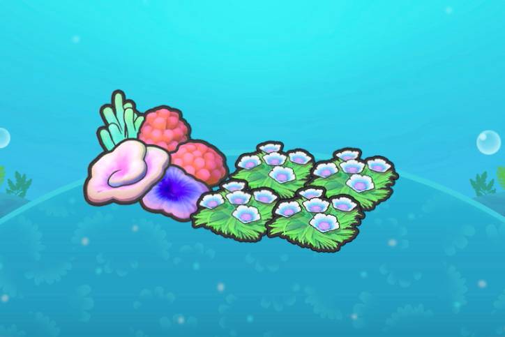 Four flower patches by a large chunk of colorful coral in Pokopia