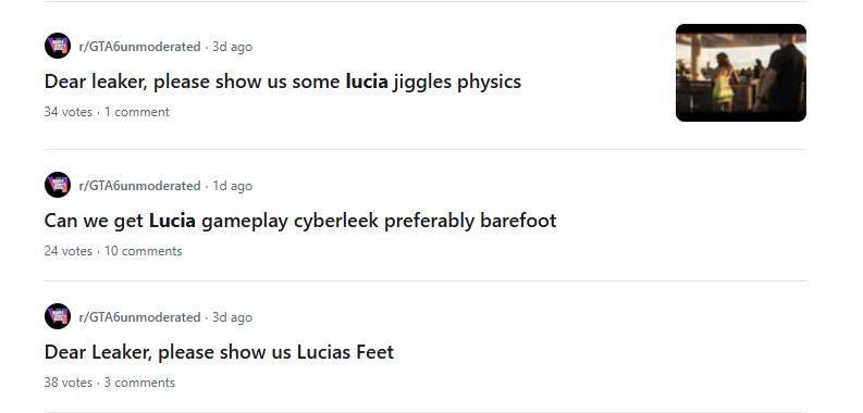 A small sample of the Reddit threads on r/gta6unmoderated that revolve around Lucia content. 