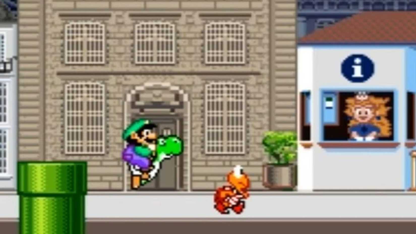 Luigi in a city in Mario is MIssing. No, that's not Princess Toadstool in the info booth, even though it looks like her.