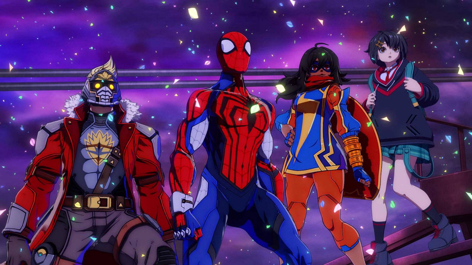 Marvel Tokon Amazing Guardians team lineup -- Spider-Man, Peni Parker, Ms. Marvel, and Star-Lord standing together looking wonderful