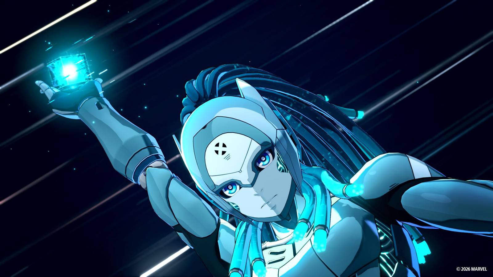 Danger, who is a robot woman, holding a cube.