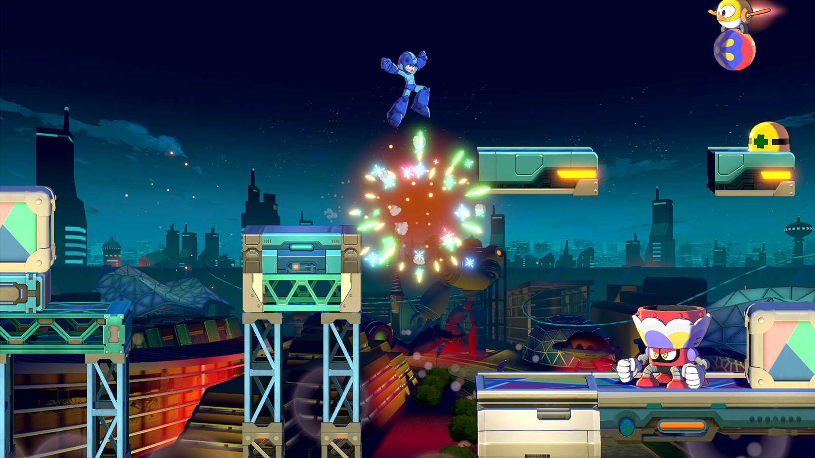 mega-man-dual-override-fuegos artificiales-plataforma