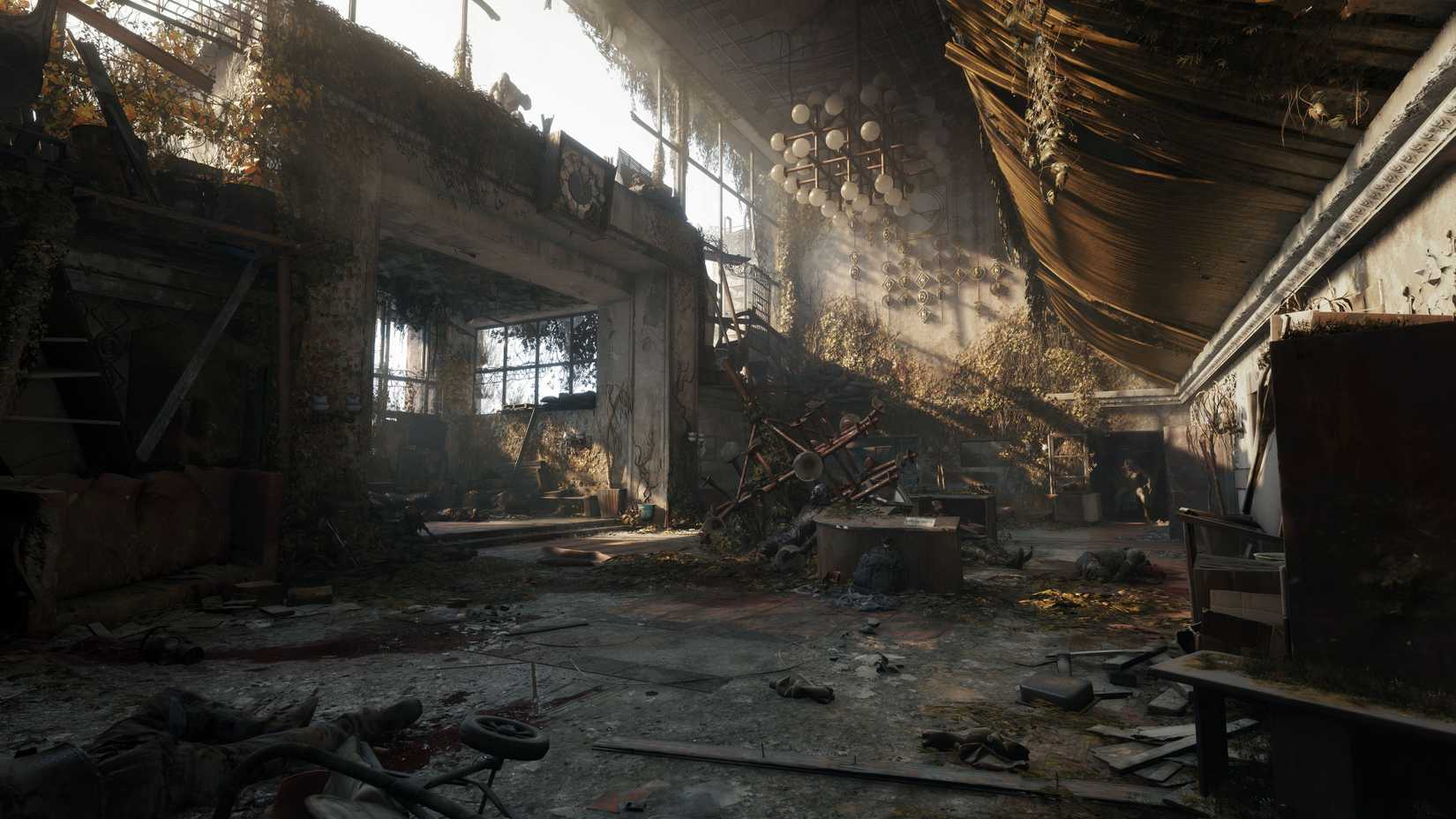 An interior view of the ruined Berlin Hotel environment, with piles of debris, dead bodies, and vines on broken walls.