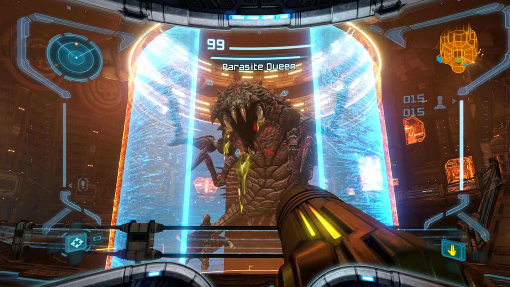 Samus battling the parasite queen in Metroid Prime Remastered