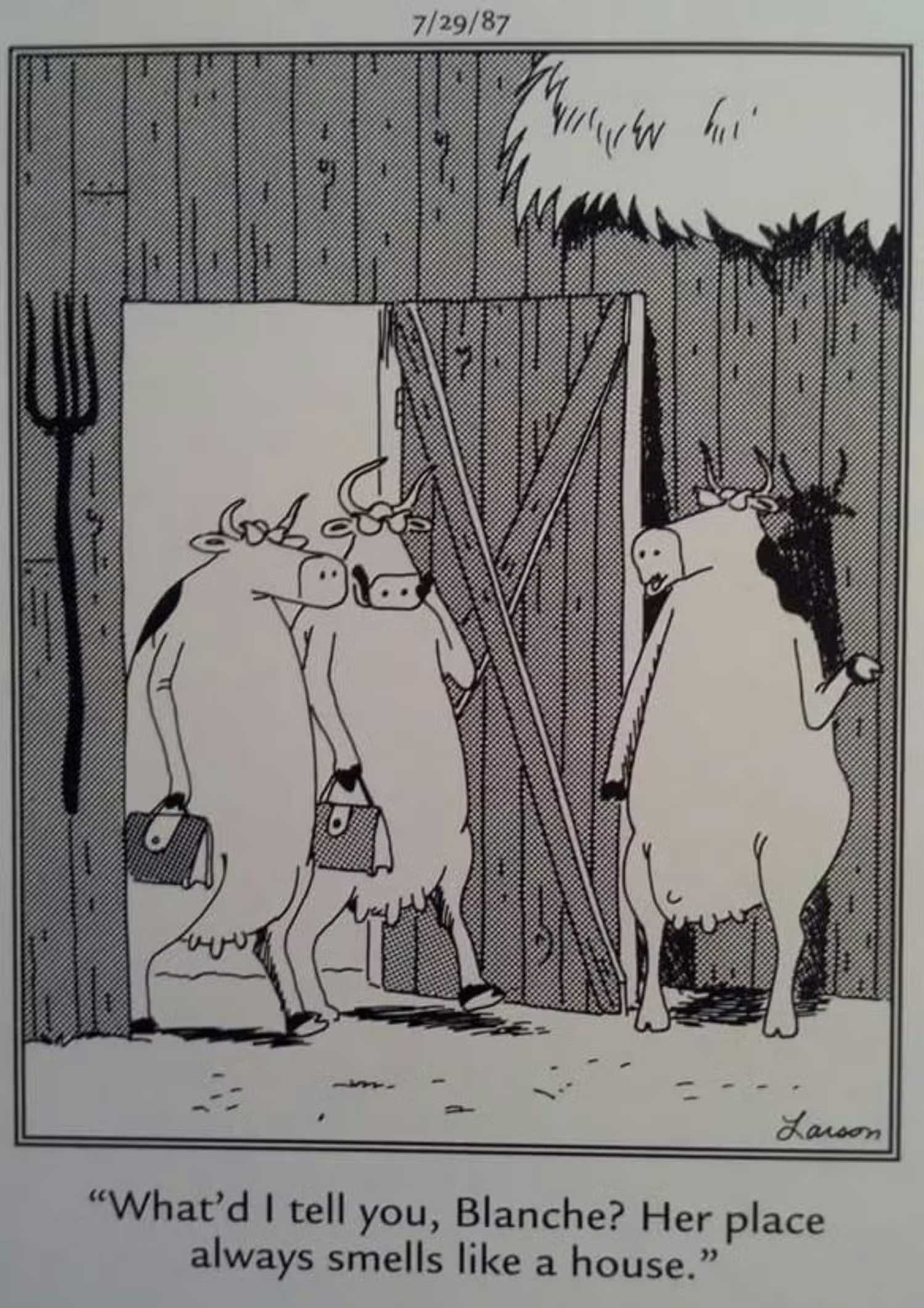 The Far Side cow house barn