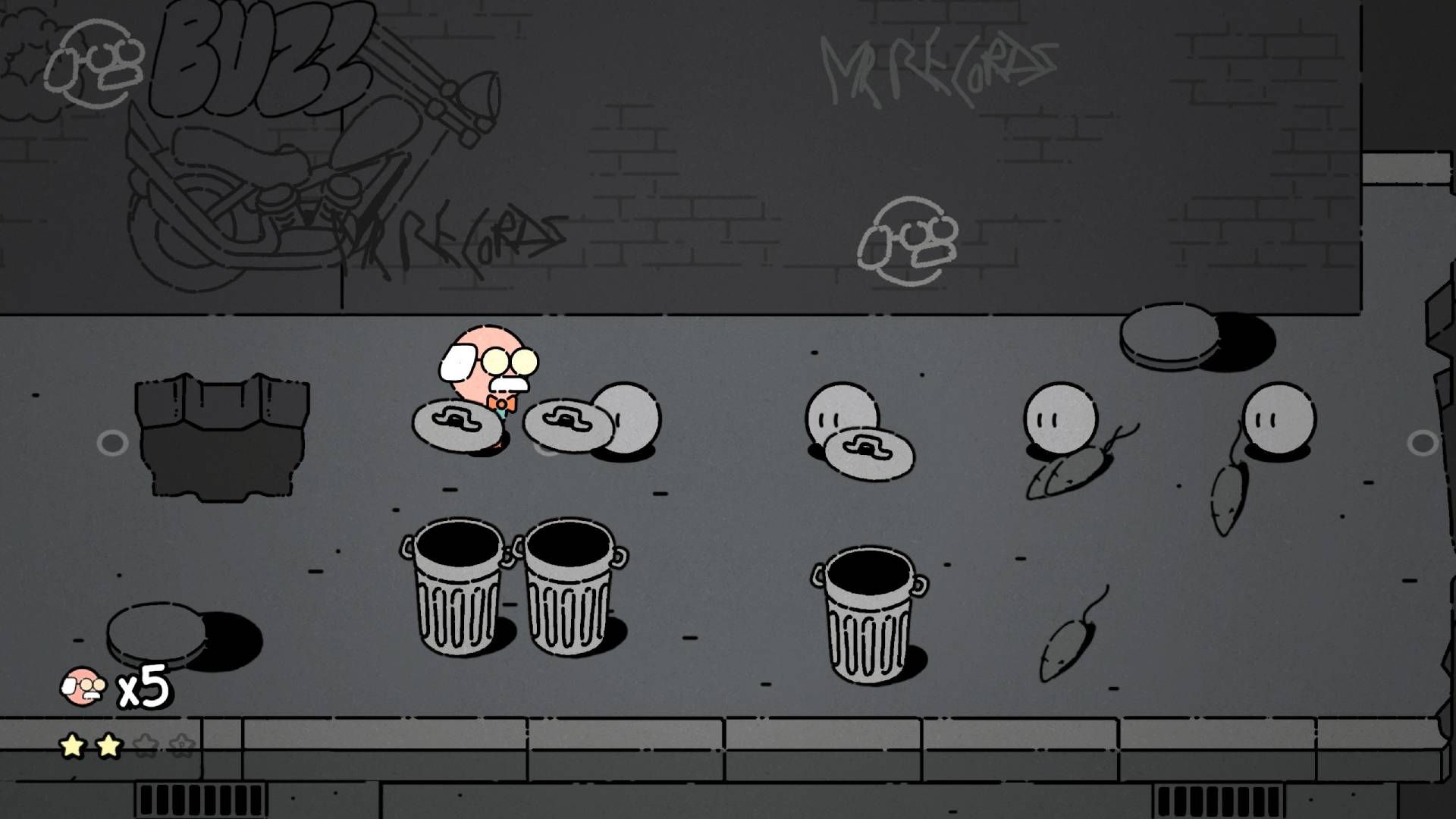 George in Mr. Records running past some garbage cans.