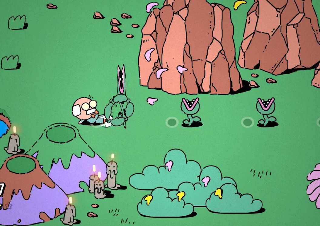 George in Mr. Records sliding a piranha plant.