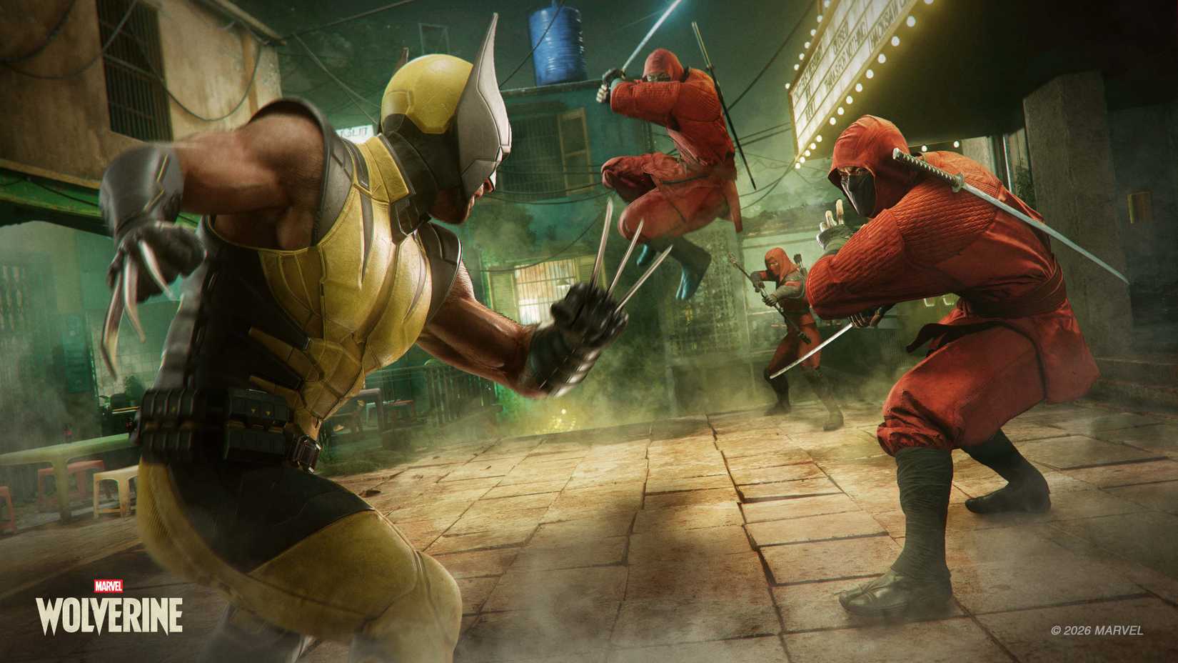 Wolverine with claws out faces two members of the Hand