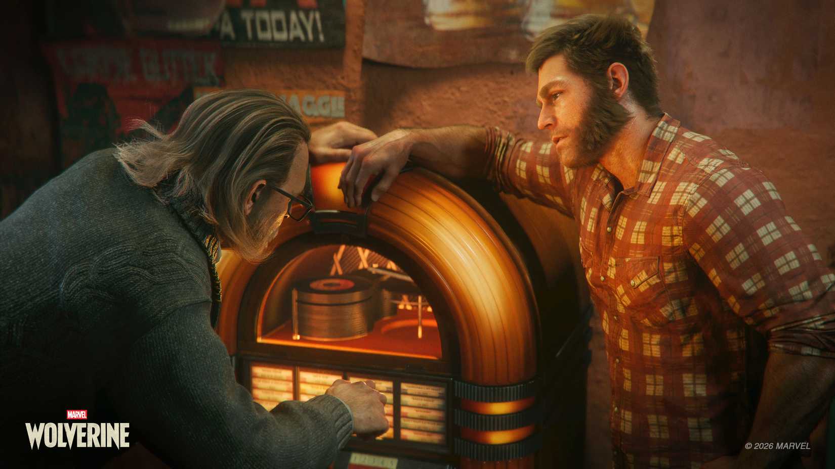 Wolverine leans on a jukebox and chats to a man in a cardigan