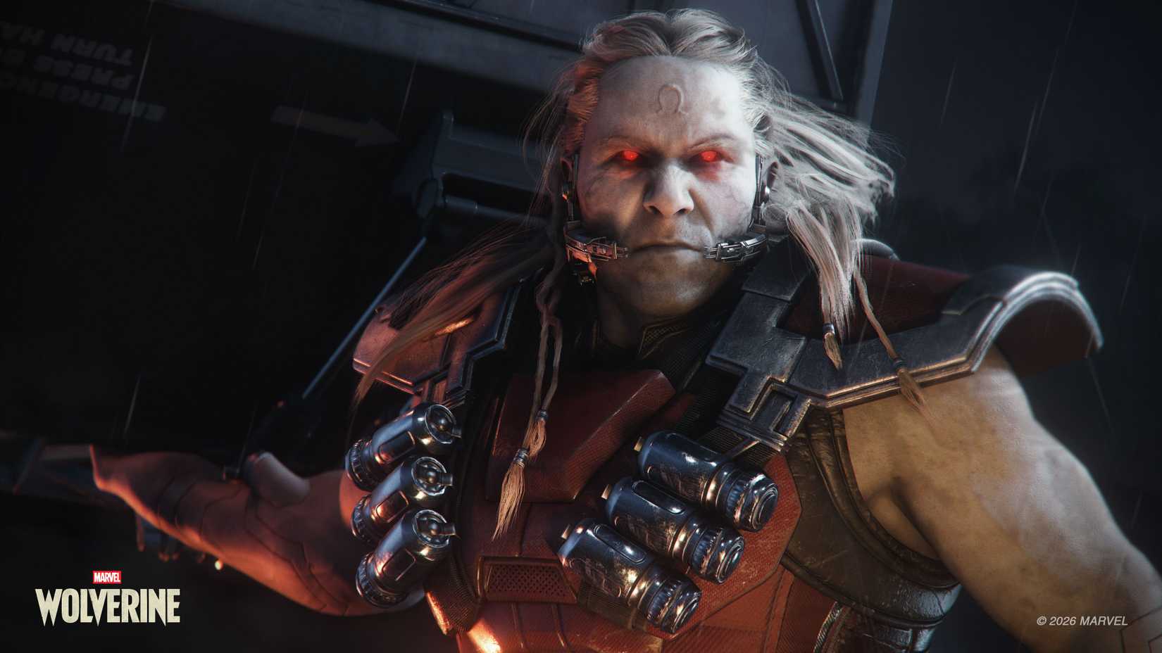 Omega Red leans out of a helicopter looking mean with his glowing red eyes