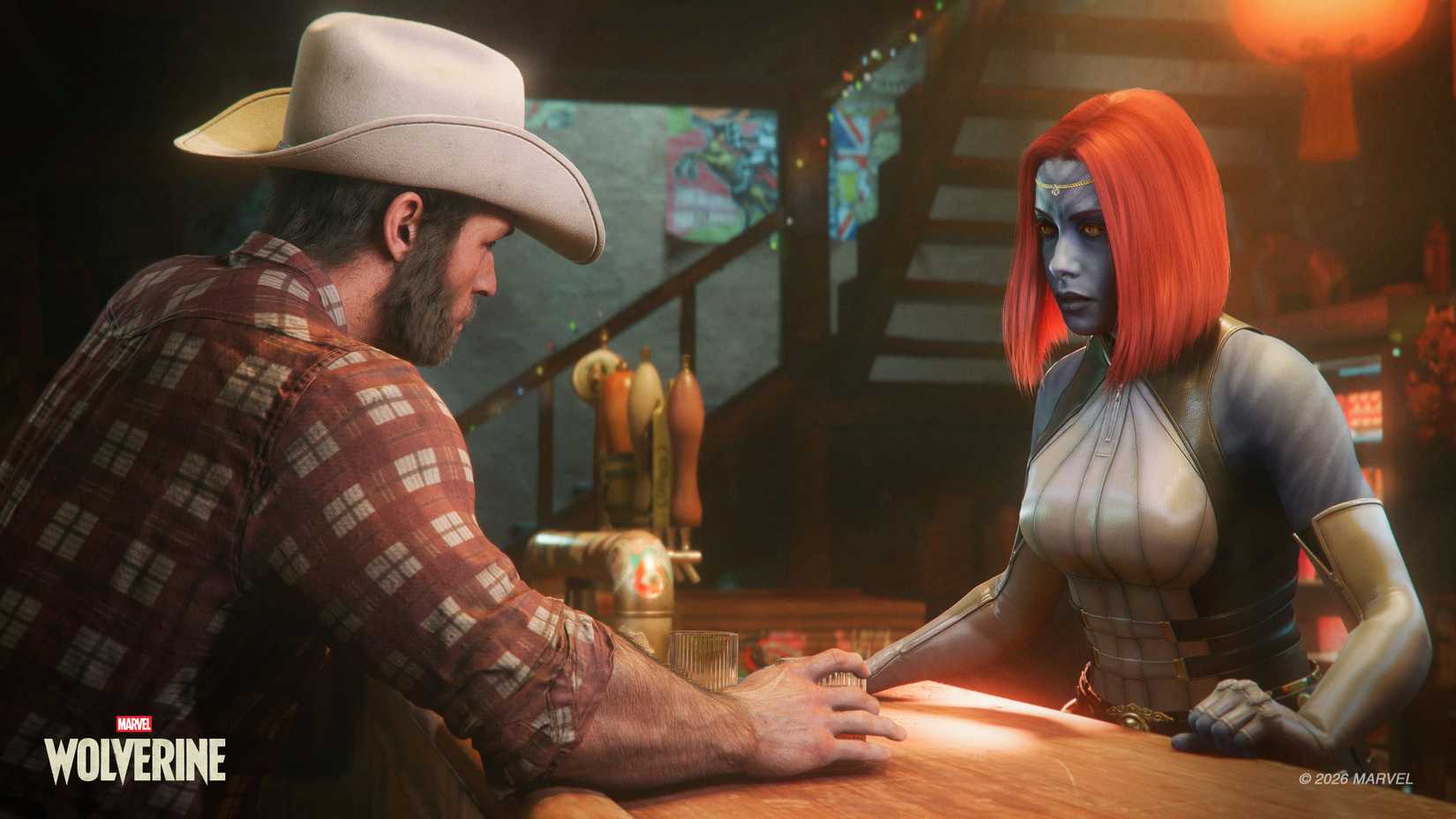 Wolverine, with cowboy hat on, chats to Mystique at the bar