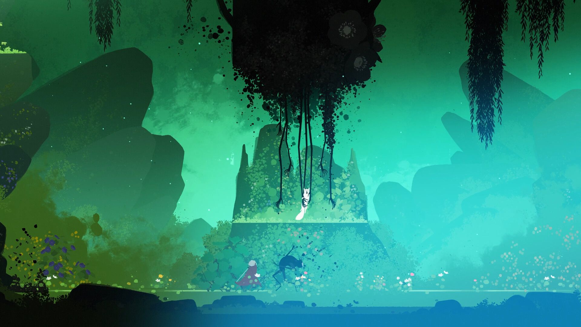 Alba and Neva navigating a vibrant forest landscape