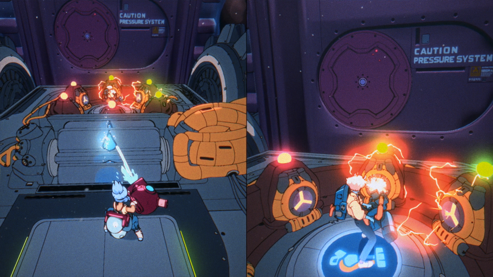 Split screen view of two characters manipulating sci-fi devices with tools