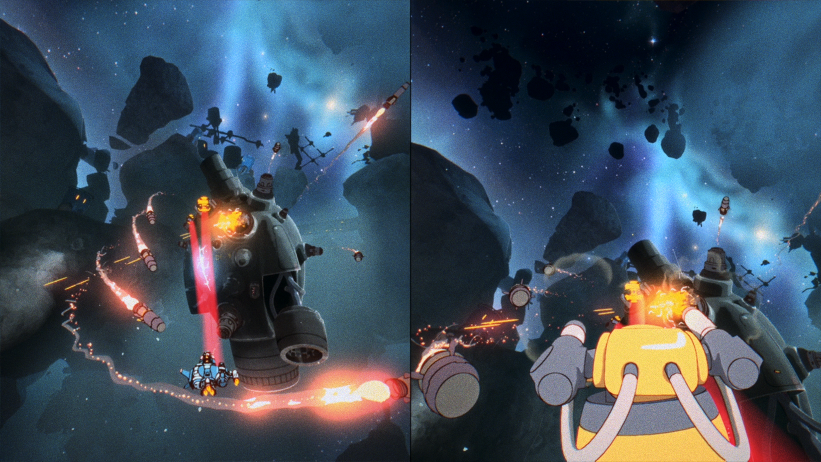Split-screen view of a spaceship flying through missiles and a close-up view from its turret