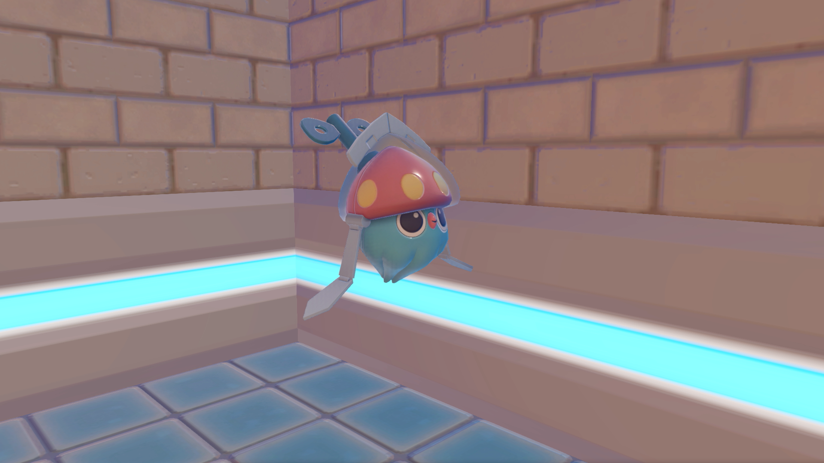 A windup Inkay toy floating in the water in Pokopia