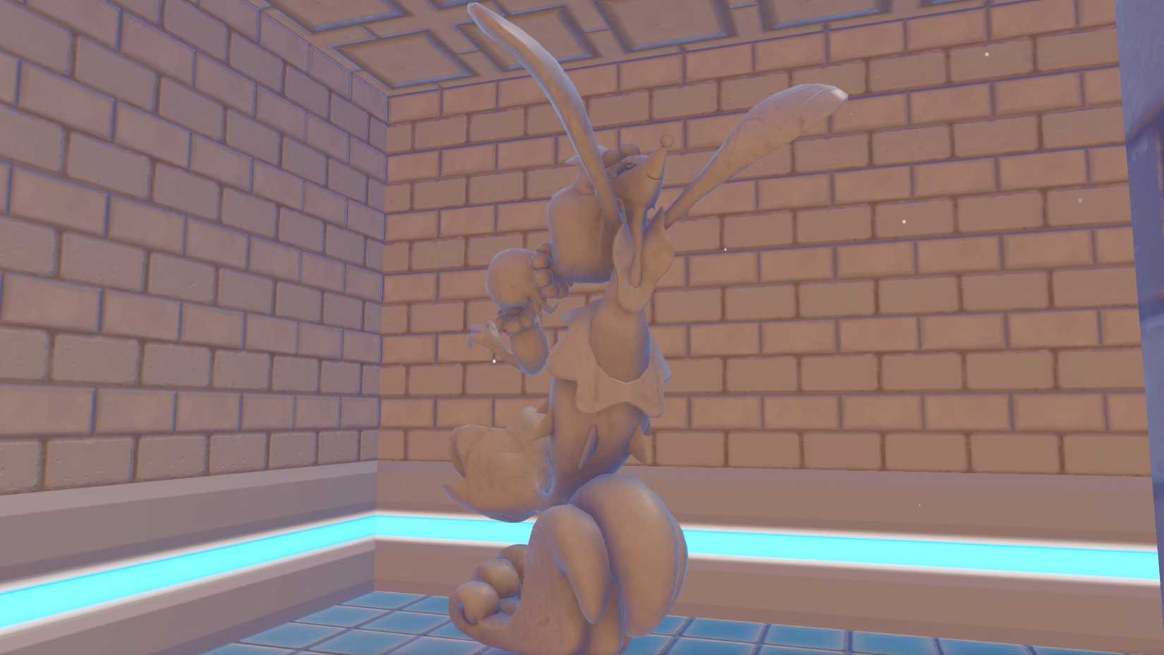 A Primarina statue, a stone statue of the mermaid seal Pokémon, in Pokopia