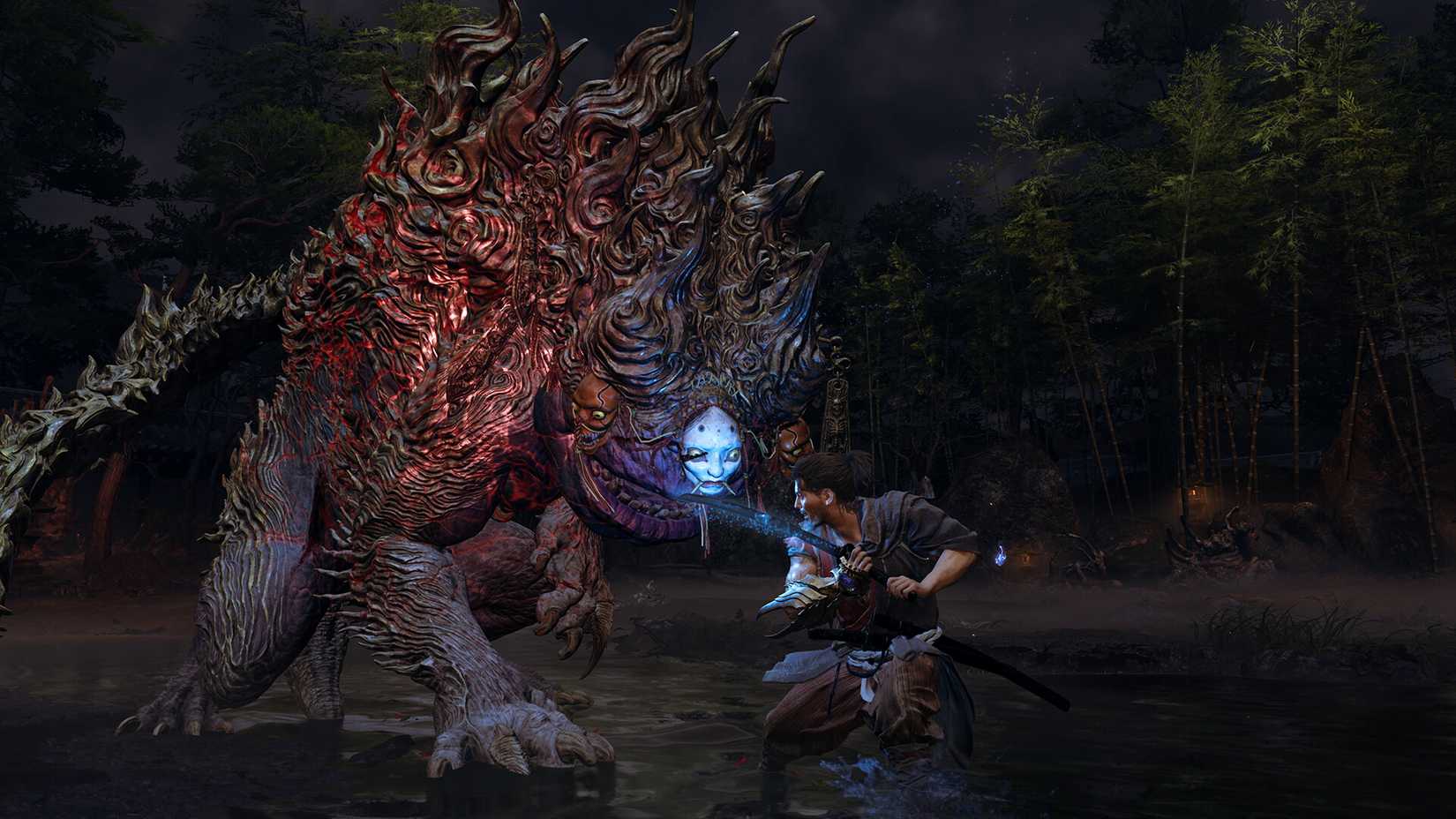 A samurai faces a boss in Onimusha: Way of the Sword.