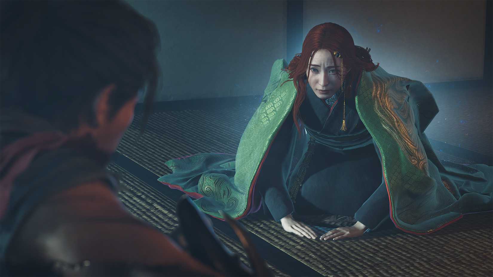 A woman bows before a samurai in Onimusha: Way of the Sword.