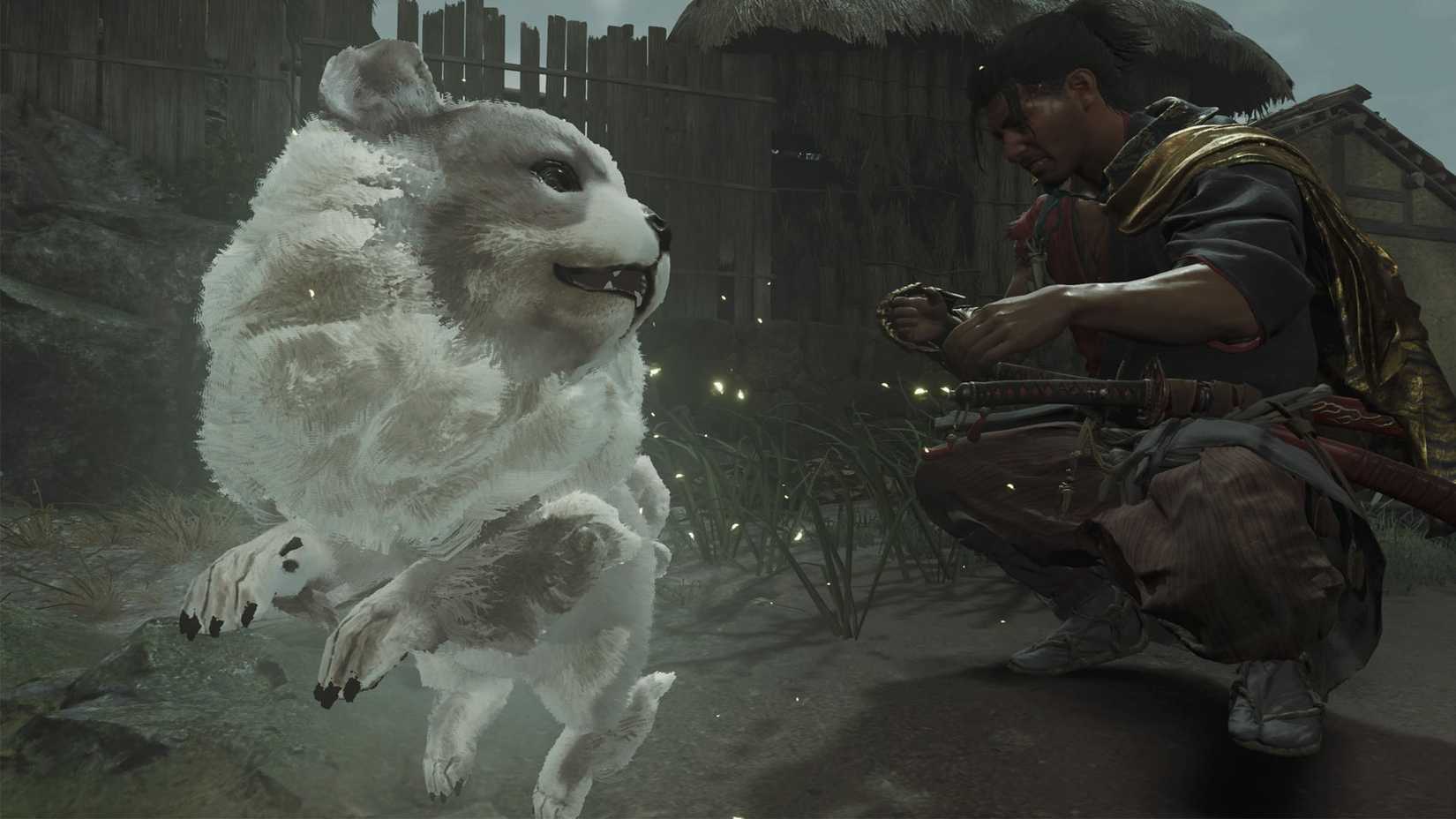 A Onimusha: Way of the Sword screenshot showing Musashi near a Lion Dog
