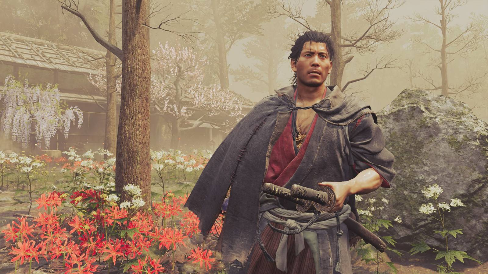 A Onimusha: Way of the Sword screenshot showing Musashi near a few trees