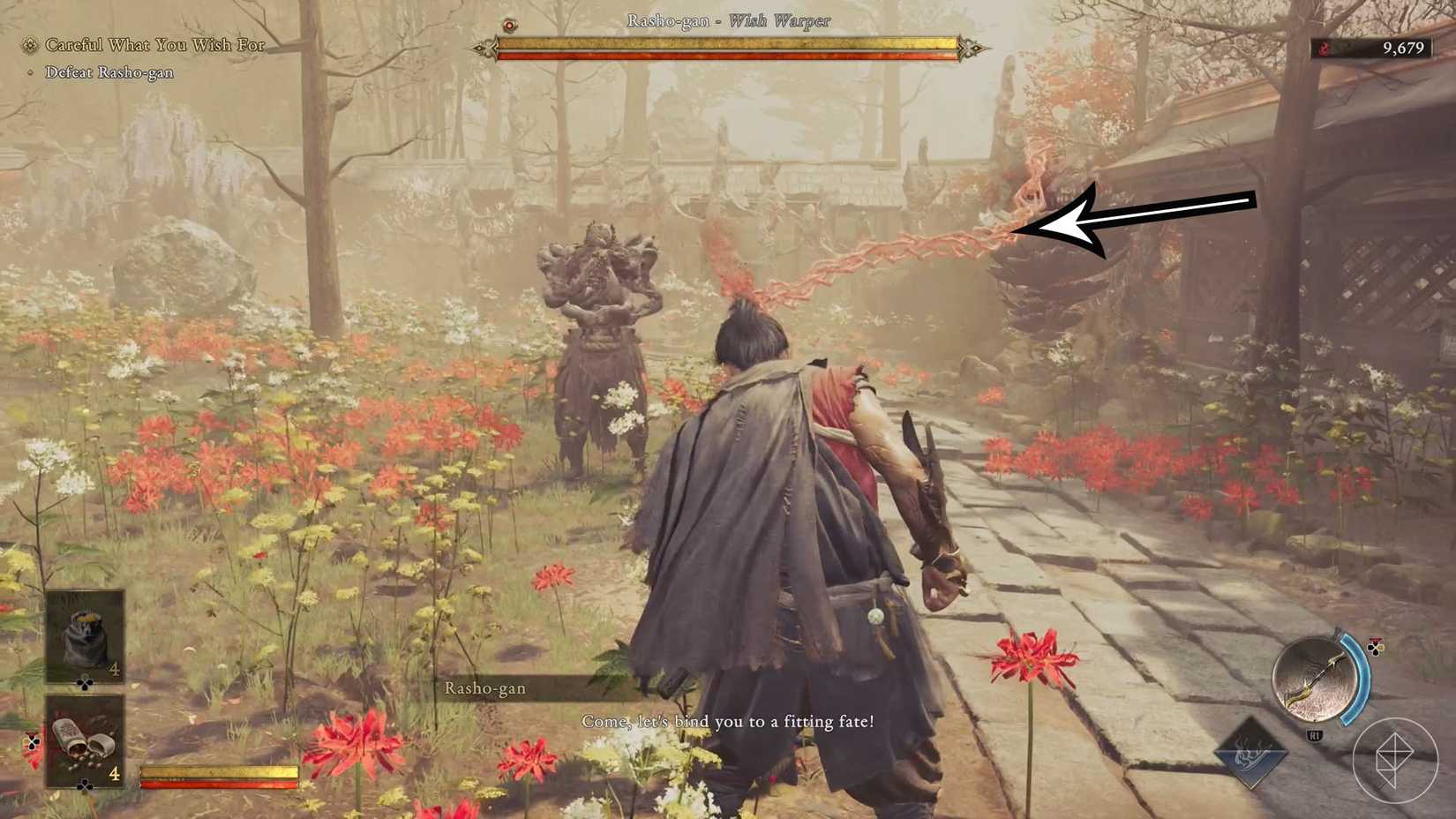 A Onimusha: Way of the Sword screenshot showing Musashi fighting Rasho-Gan