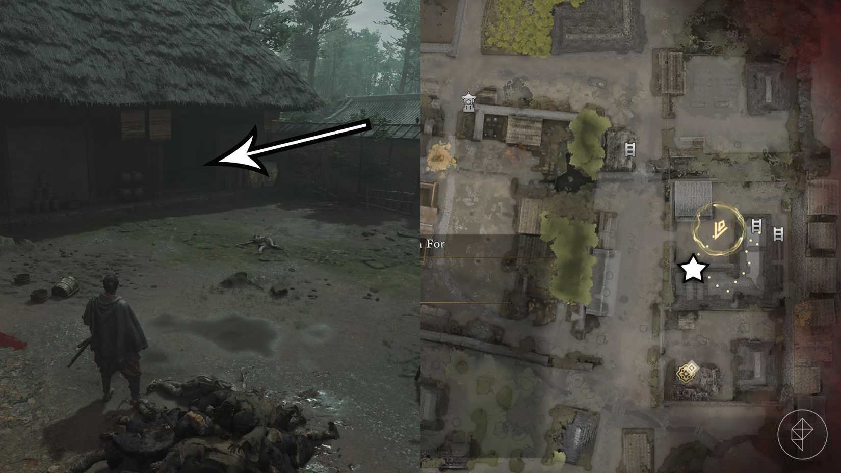 A montage using two Onimusha: Way of the Sword screenshots showing where you must go to find the Sout Pillars
