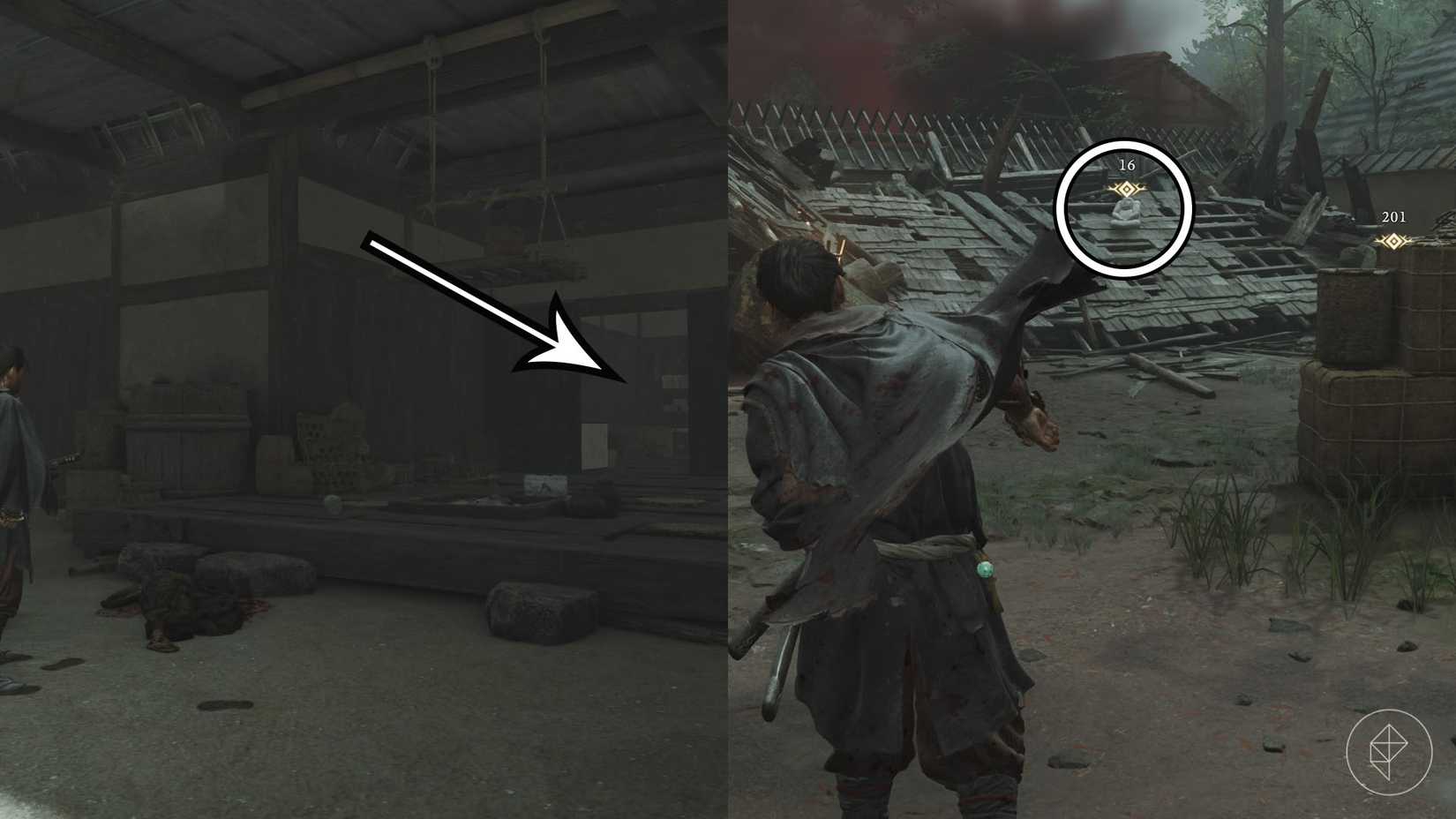 A montage using two Onimusha: Way of the Sword screenshots showing where you must go to find the Sout Pillars