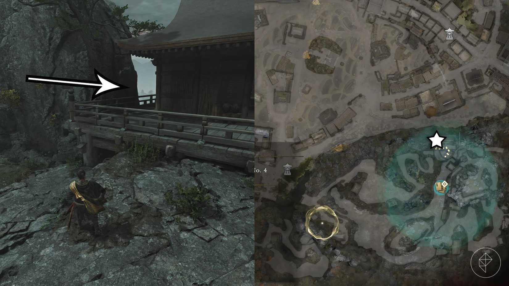 A montage using two Onimusha: Way of the Sword screenshots showing where to find a hidden treasure