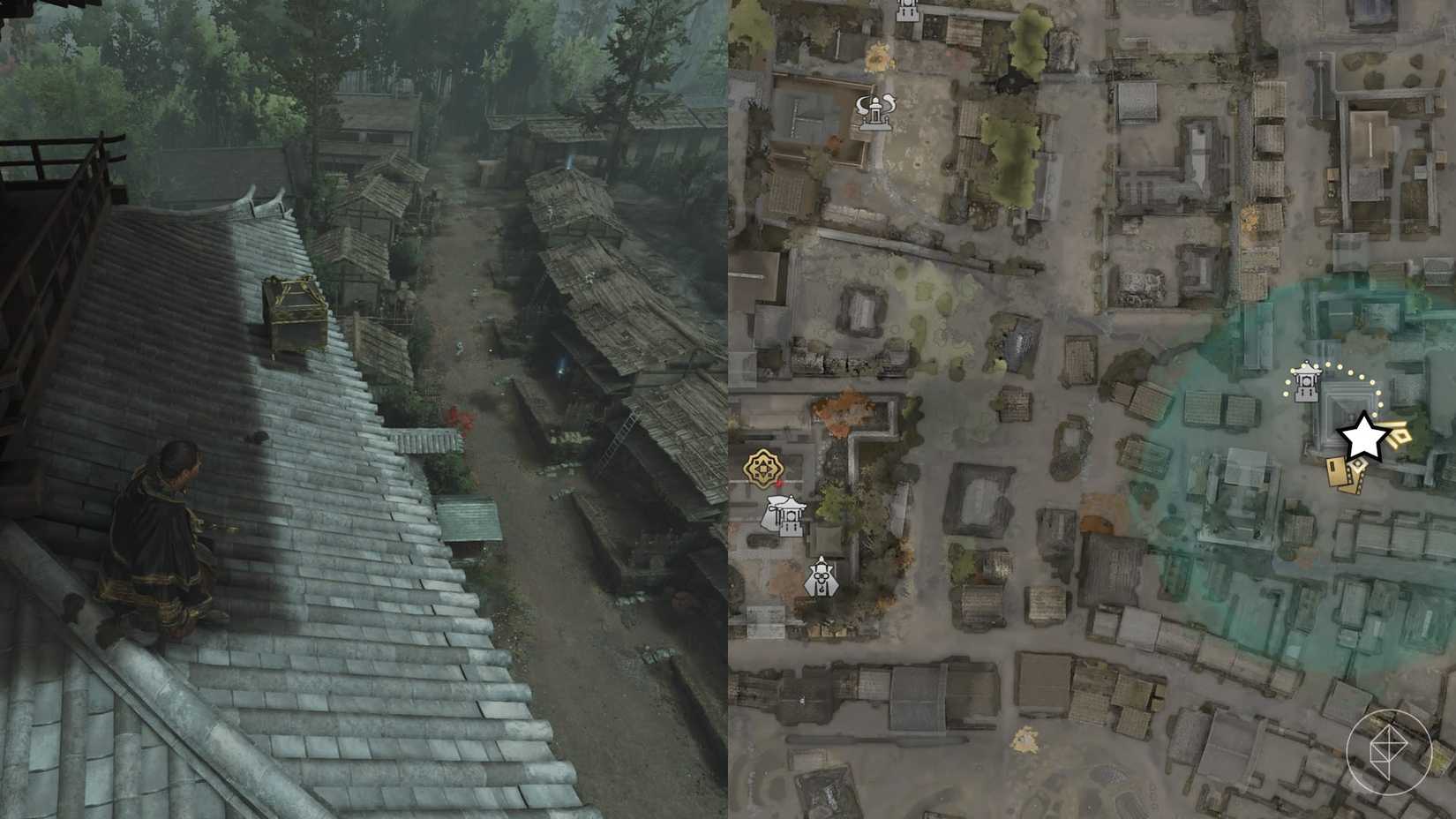 A montage using two Onimusha: Way of the Sword screenshots showing where to find a hidden treasure
