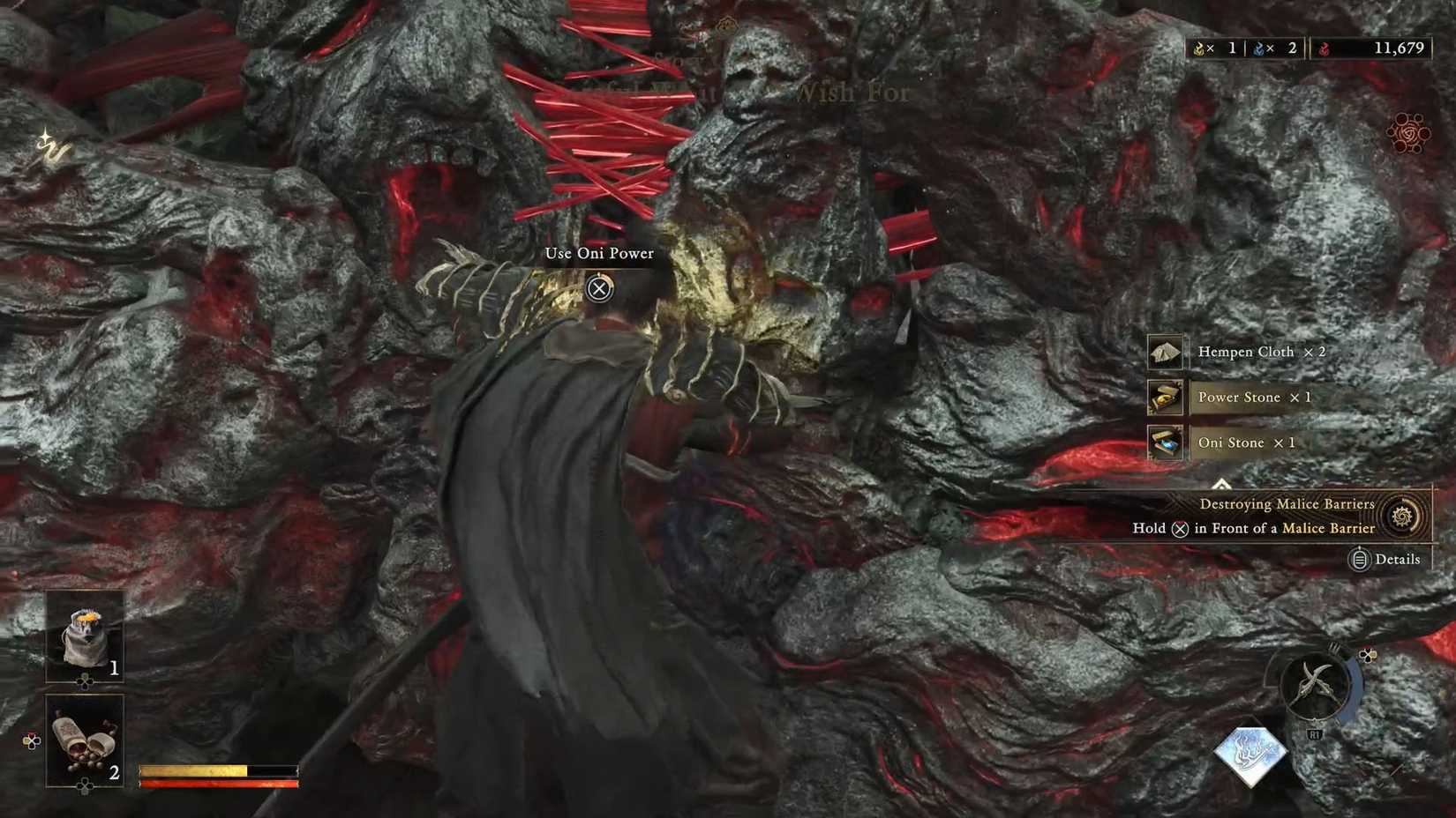 A Onimusha: Way of the Sword screenshot showing Musashi in front of a malice barrier