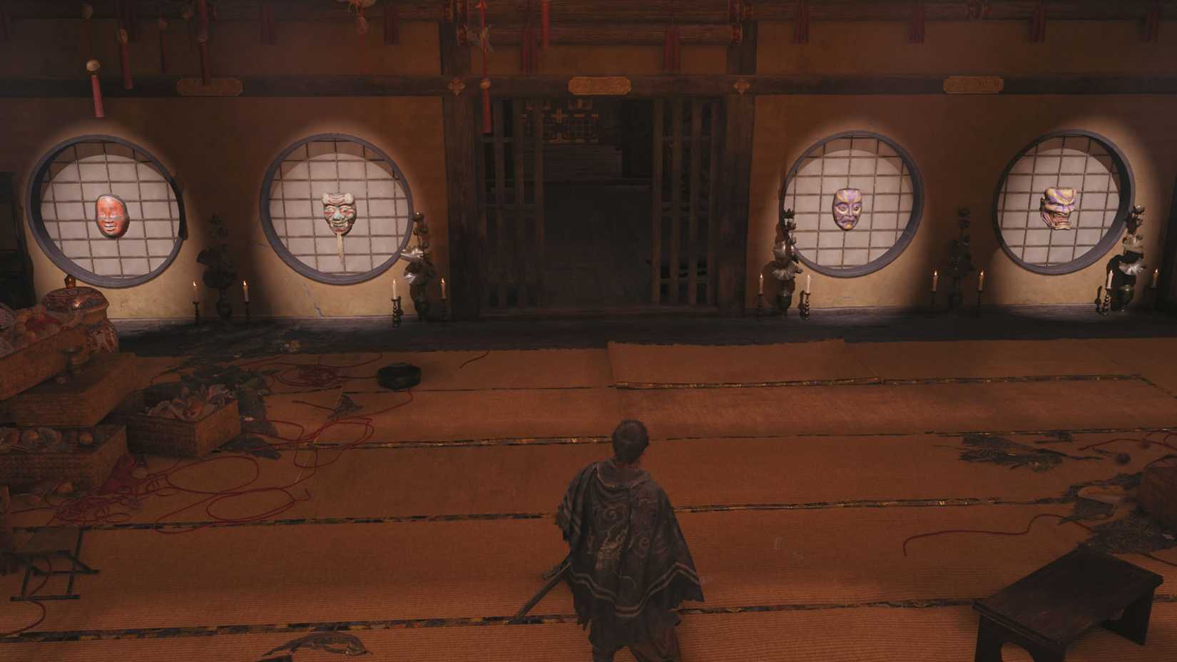 A Onimusha: Way of the Sword screenshot showing four kabuki-like masks on one window each