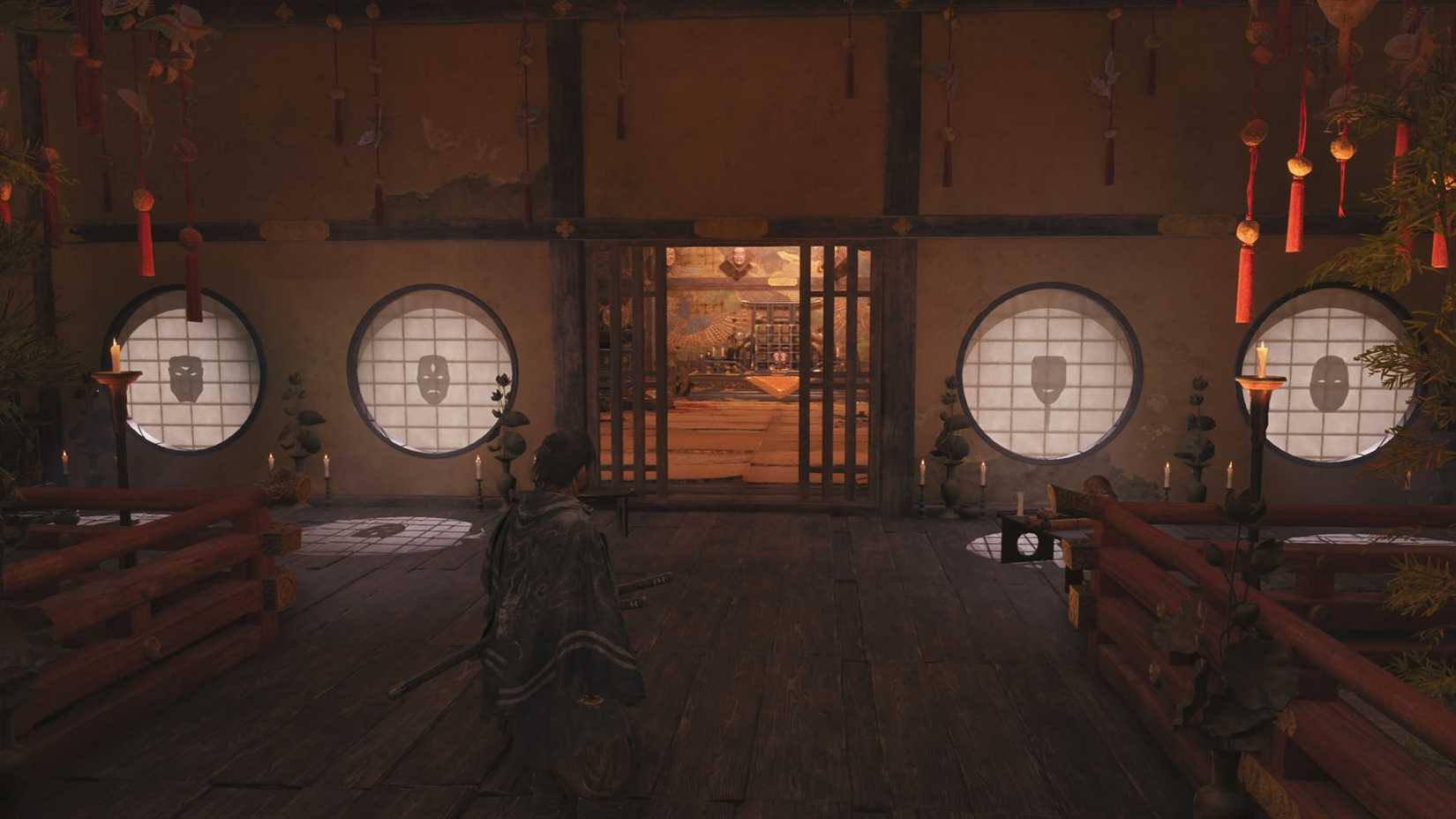 A Onimusha: Way of the Sword screenshot showing the shadows of each mask in the mask puzzle room