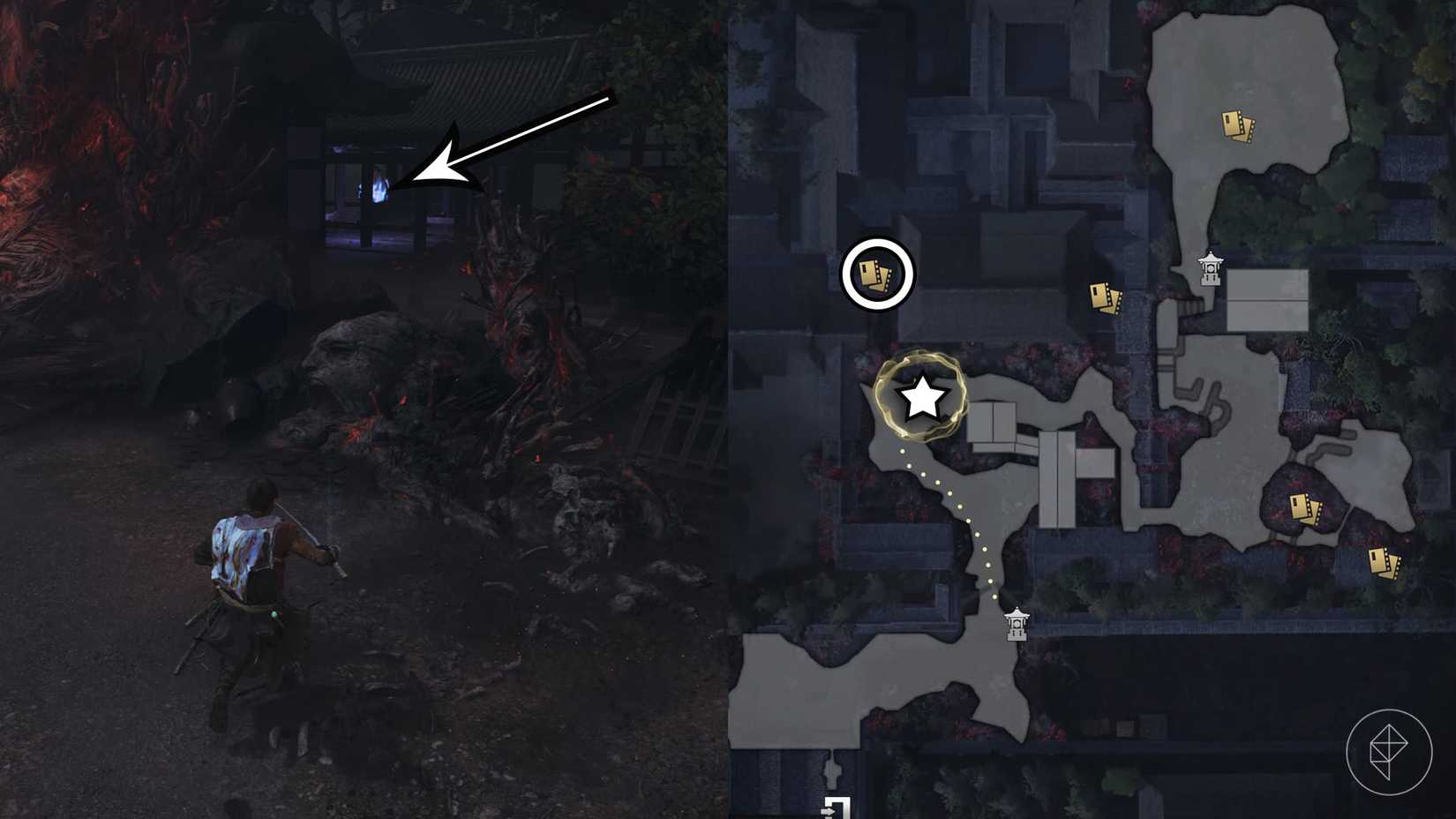 A montage using two Onimusha: Way of the Sword screenshots showing where to find a Kubi Akari
