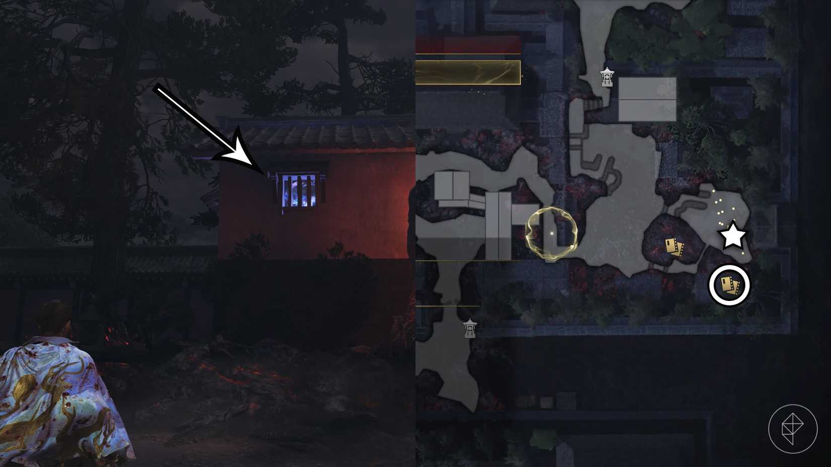 A montage using two Onimusha: Way of the Sword screenshots showing where to find a Kubi Akari