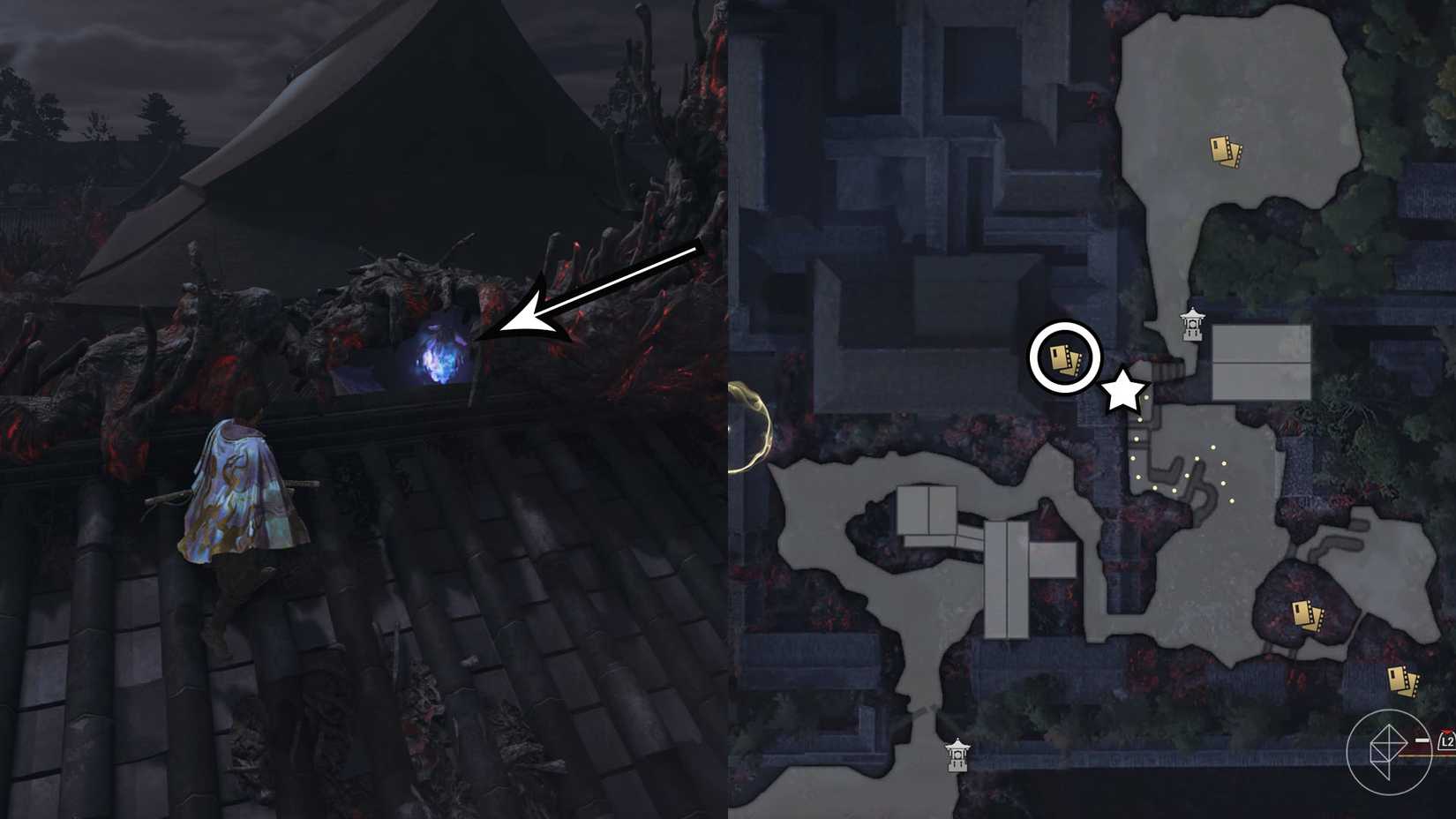 onimusha_guides_acearcherkyoto_4A montage using two Onimusha: Way of the Sword screenshots showing where to find a Kubi Akari