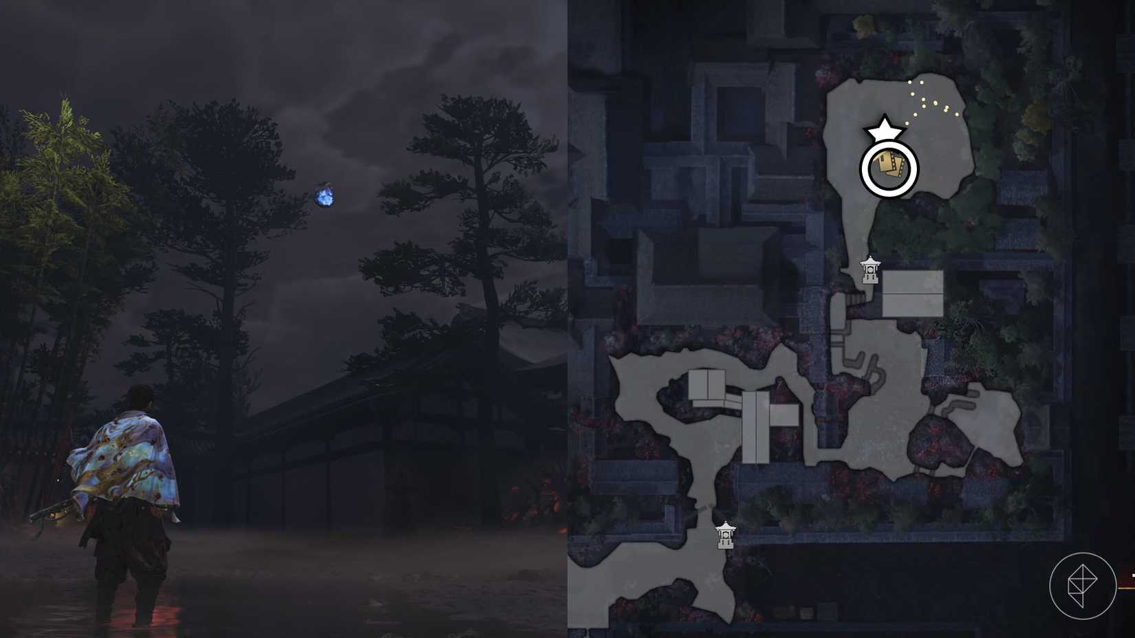 A montage using two Onimusha: Way of the Sword screenshots showing where to find a Kubi Akari