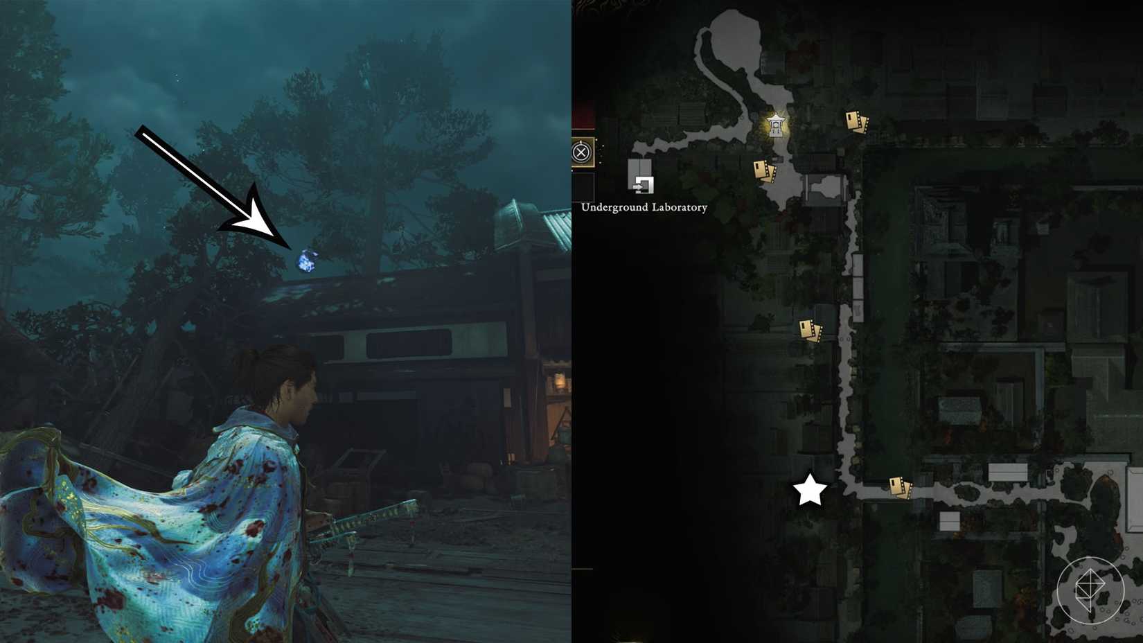 A montage using two Onimusha: Way of the Sword screenshots showing where to find a Kubi Akari