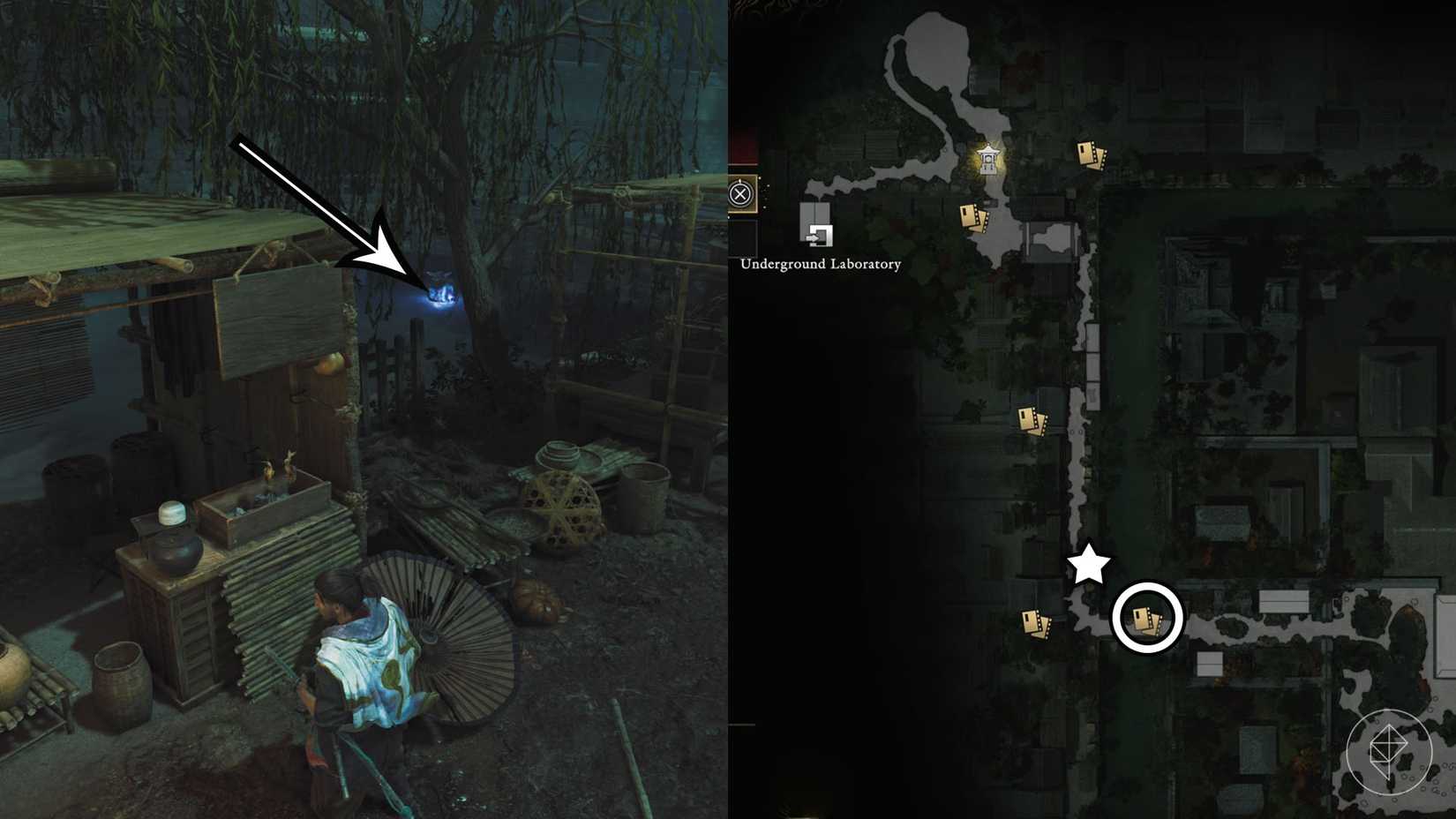 A montage using two Onimusha: Way of the Sword screenshots showing where to find a Kubi Akari