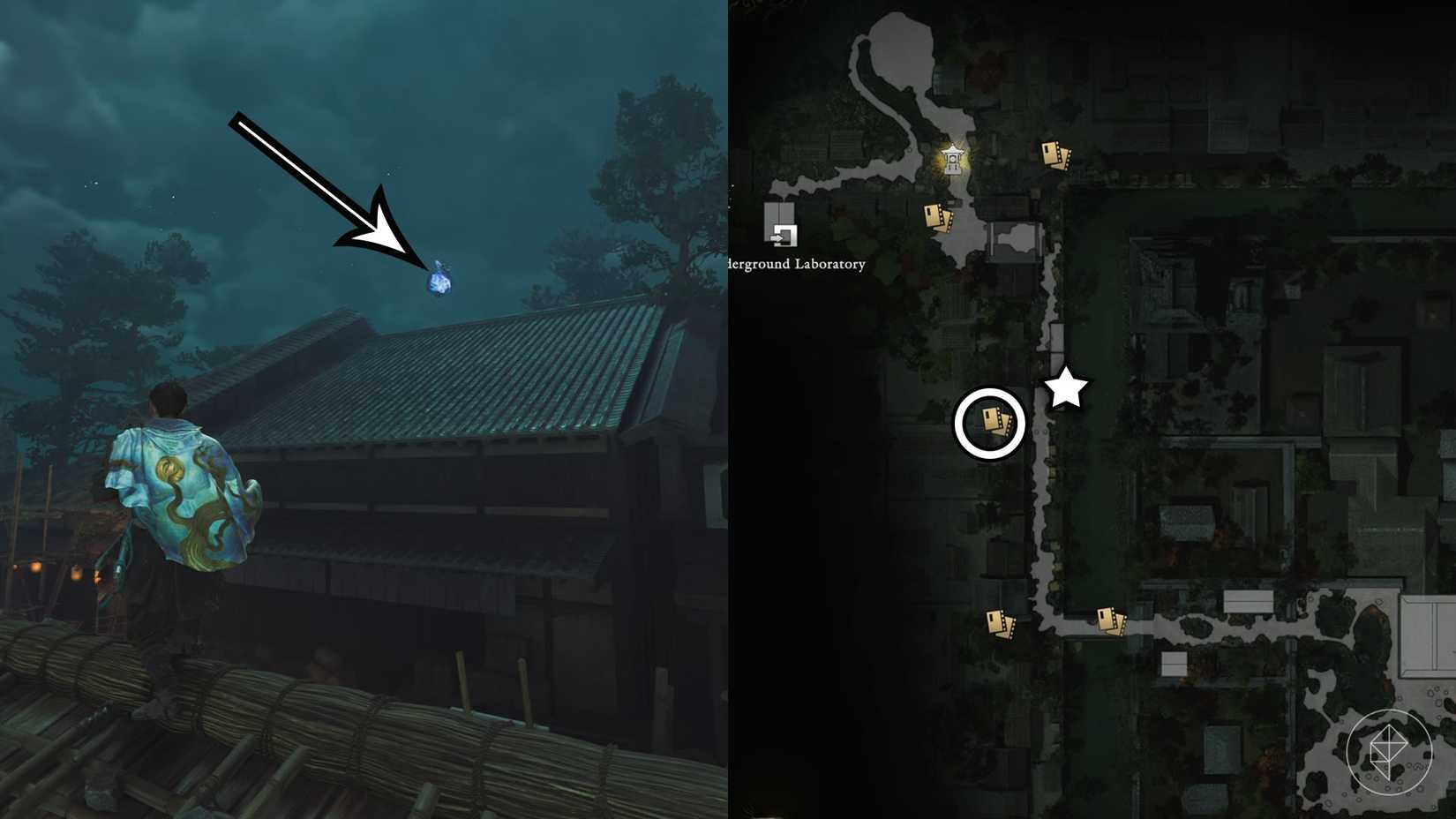 A montage using two Onimusha: Way of the Sword screenshots showing where to find a Kubi Akari