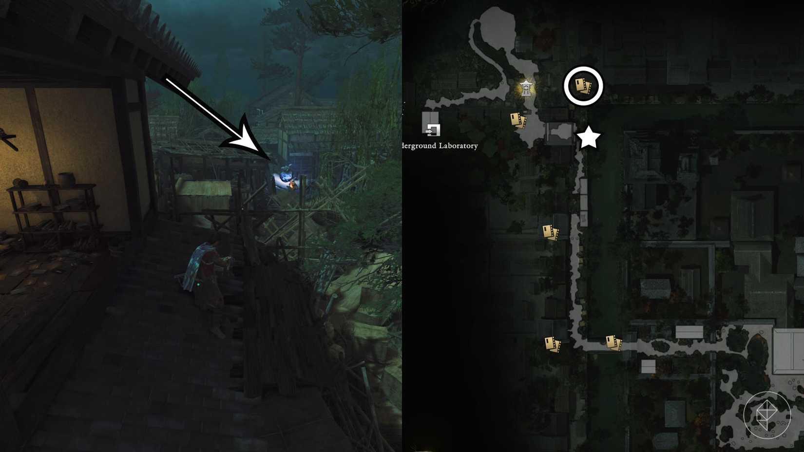 A montage using two Onimusha: Way of the Sword screenshots showing where to find a Kubi Akari