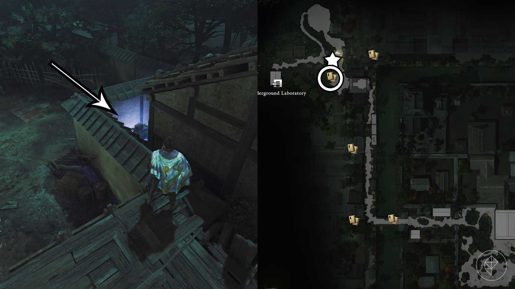 A montage using two Onimusha: Way of the Sword screenshots showing where to find a Kubi Akari