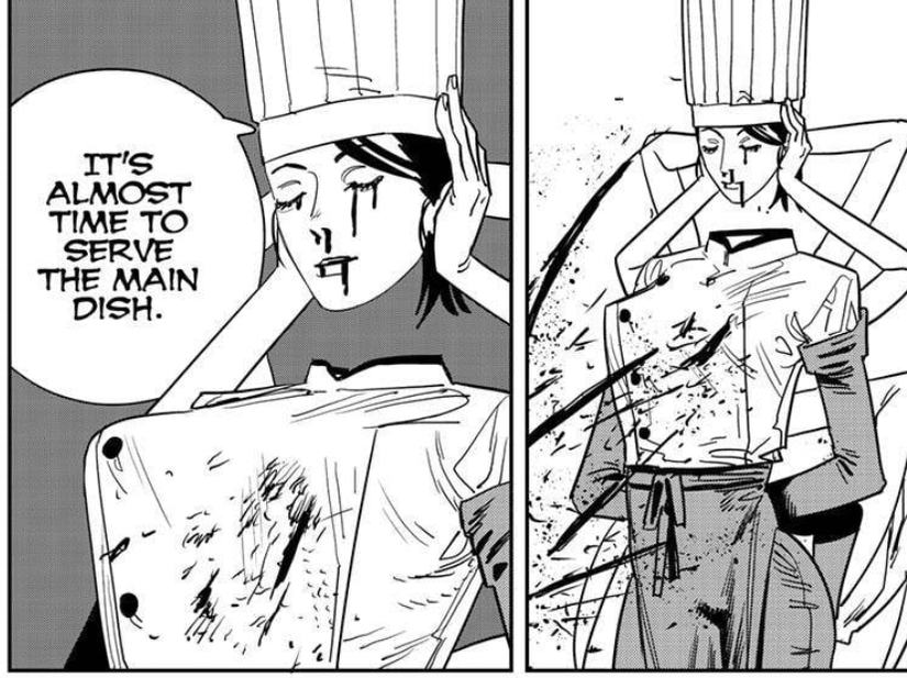 The Falling Devil adjusts her head before serving a dish in Chainsaw Man