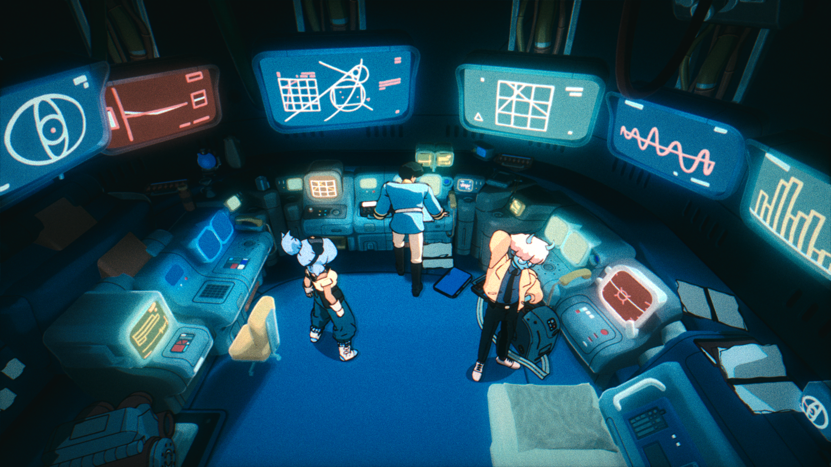 Three anime characters stand around in a space station control center with lots of screens