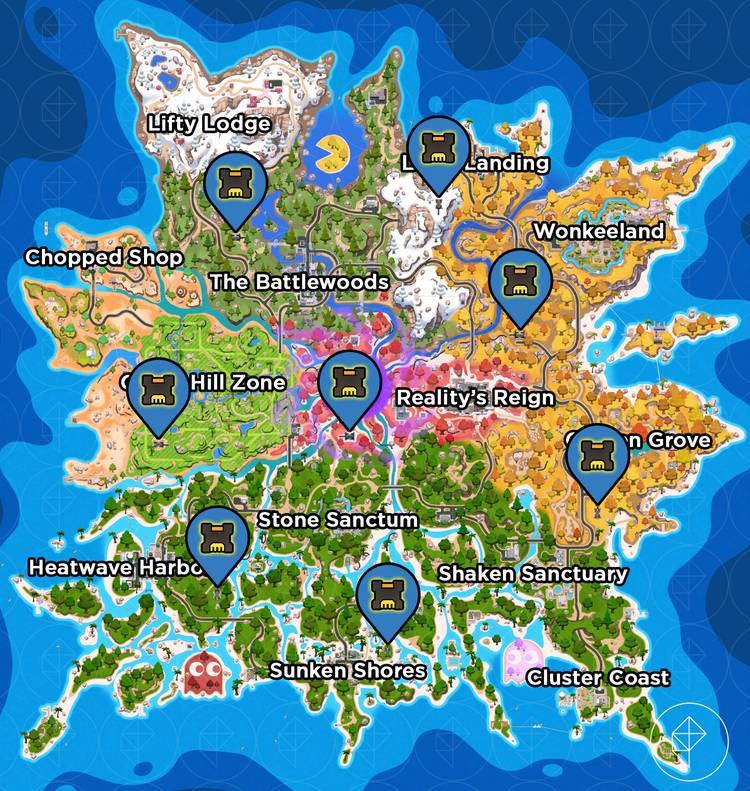 The Fortnite Chapter 7 Season 4 map with pins showing the locations of the override consoles.