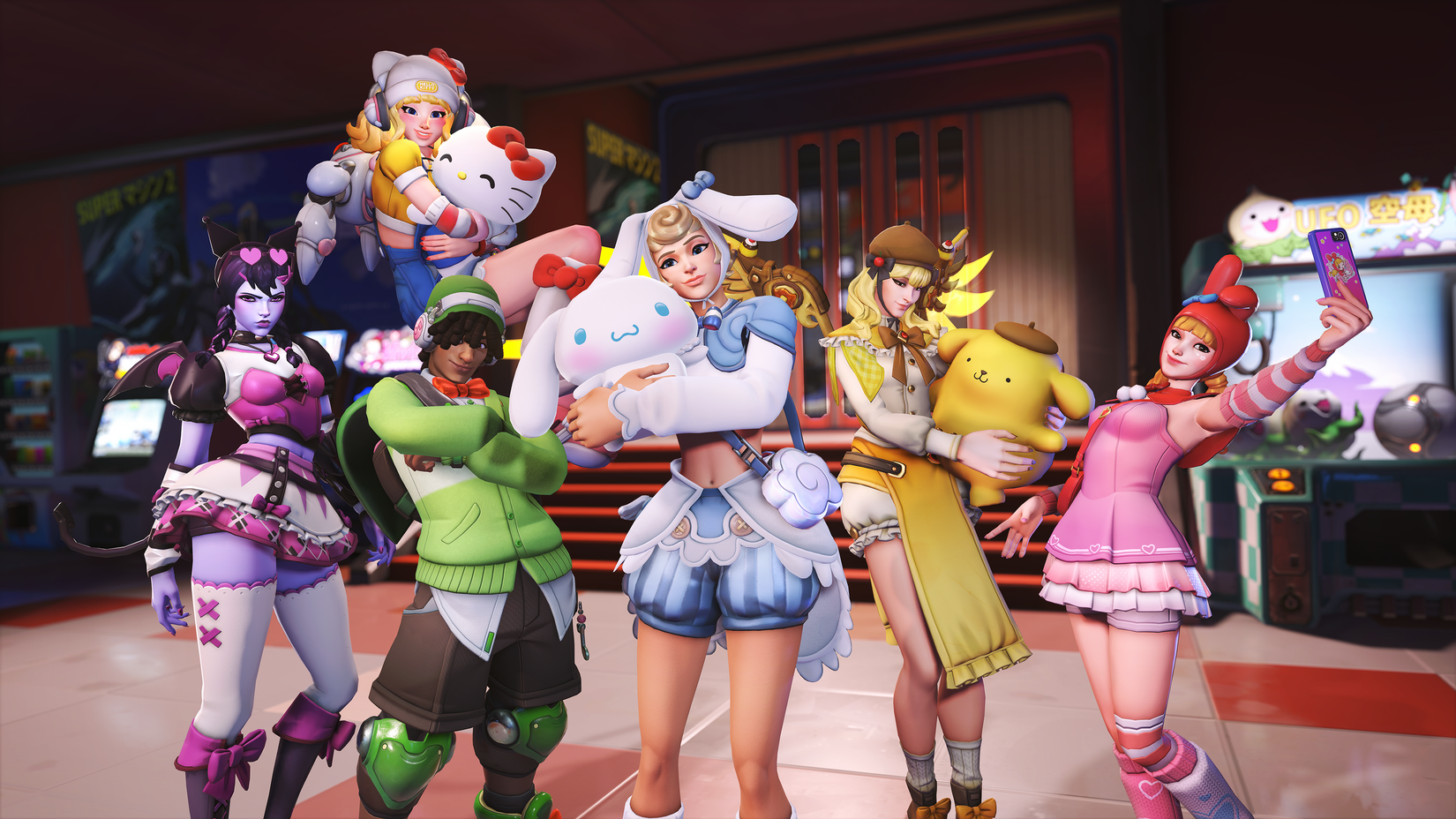 Overwatch characters wearing Hello Kitty skins