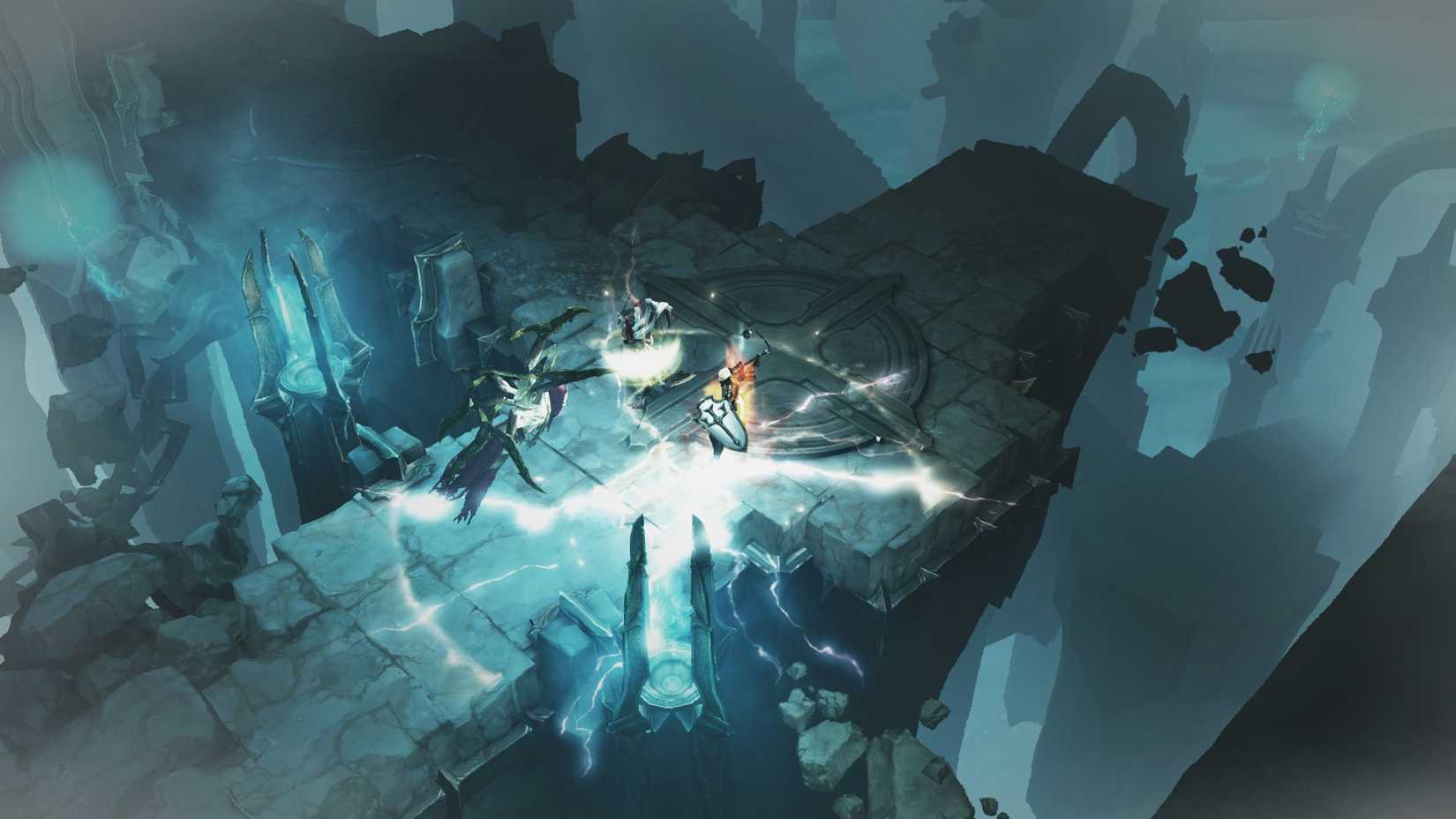 A Crusader unleashes a big attack in a crumbling fantasy temple