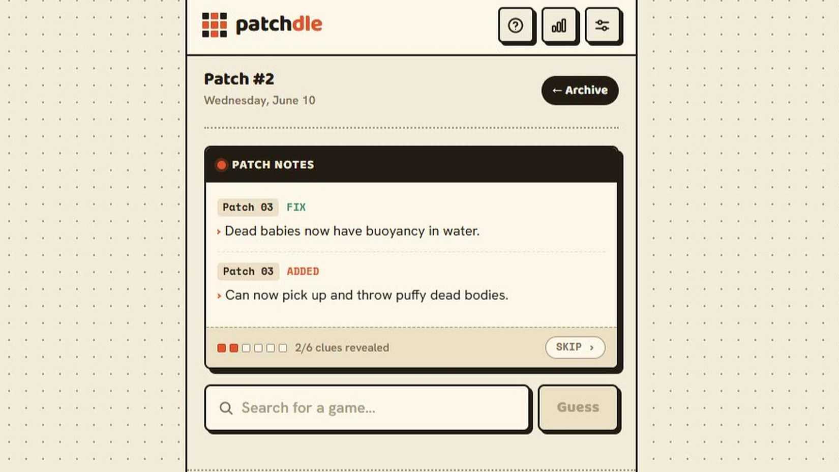 patchdle screenshot showing the game's hint interface