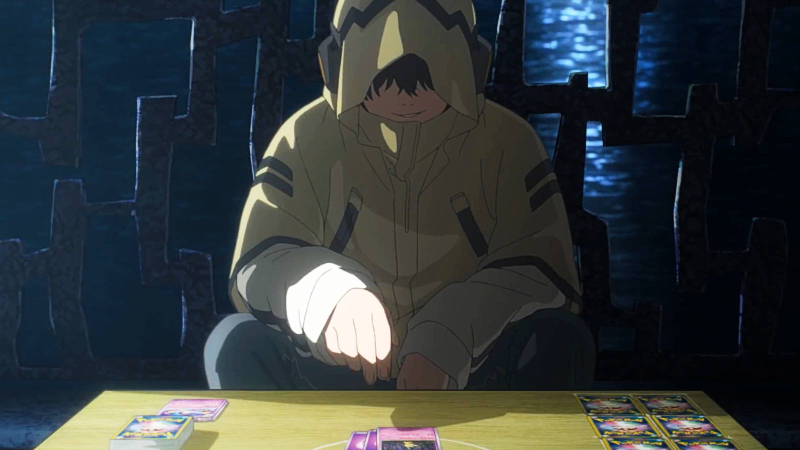 A screenshot from the Pokémon Wild Cards movie showing the protagonist playing the Pokémon TCG