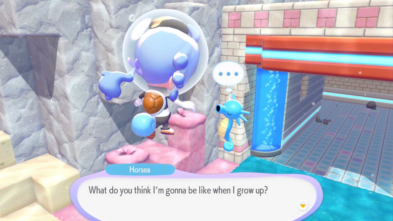 Ditto talks to a Horsea in Pokemon Pokopia.